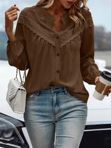 SHEIN LUNE 女士休闲纯色撞色蕾丝灯笼袖衬衫，春秋装