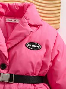 SHEIN Babygirl Autumn/Winter Adorable Fashionable Simple Warm Fleece Letter Print Mid-Length Jacket With Belt, Suitable For Outing, Cool Look
