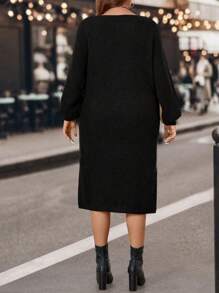 SHEIN LUNE Plus Size Women Colorblock Round Neck Lantern Sleeve Loose Knit Sweater Dress, Autumn/Winter - Multicolor - View 2