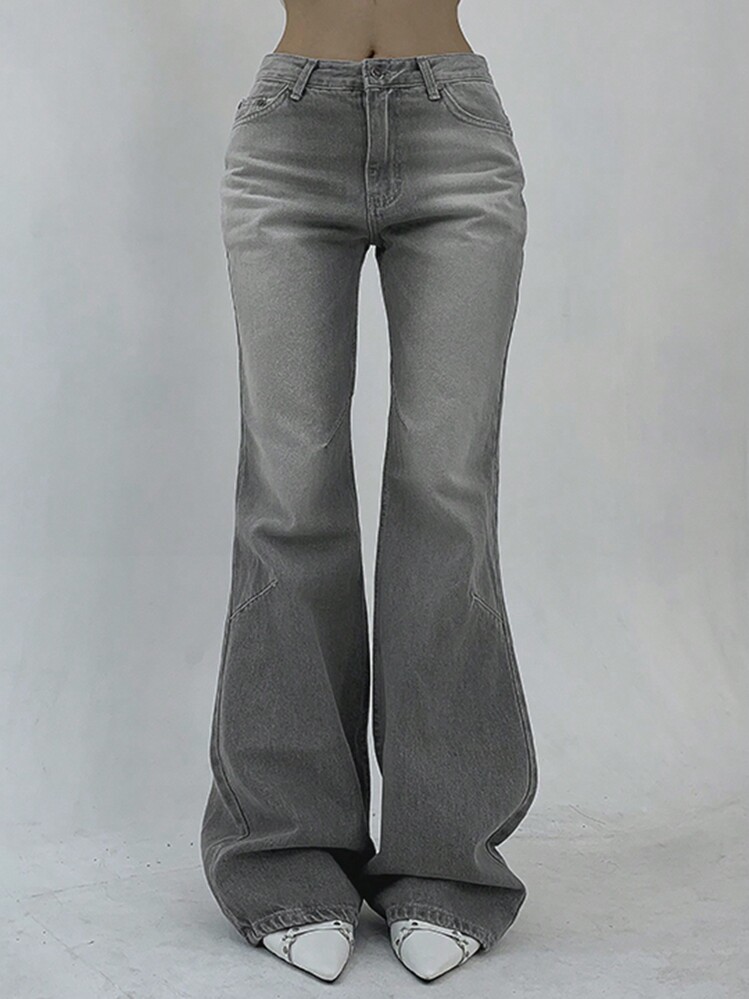 DAZY Jeans acampanados de tiro bajo desgastados y lavados para mujer - Azul lavado medio - Añade 4