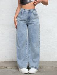 Women Casual Light Blue Washed Loose Wide Leg Jeans Pants Y2k
