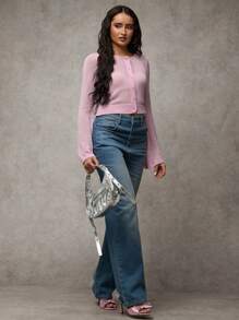 SHEIN BAE Women's Solid Color Single Breasted Cropped Casual Cardigan, Autumn