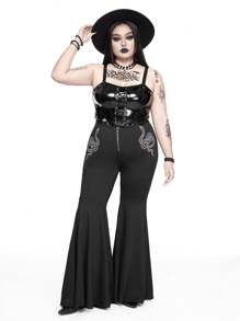 ROMWE Goth Plus Size Retro Eleganckie Tajemnicze Seksowne Spodnie Bodycon Z Haftowanym Wężowym Zamkiem Błyskawicznym Rozkloszowanym Wzorem, Wysoka Elastyczność - Czarne - Zobacz 3