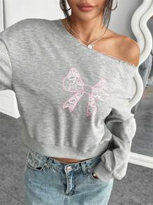 INAWLY Women's Autumn/Winter Casual Loose Sweatshirt With Asymmetric Collar And Embroidered Bow Design