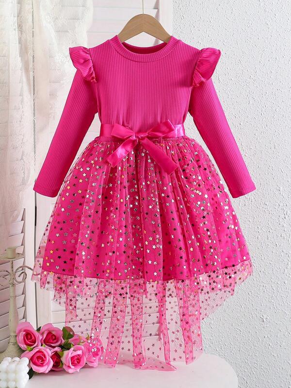 SHEIN Glamorique Kids Fete tinere rochie stea cu paiete din tul cu volan, cu talie elastică, cu gât, rochie cu mânecă lungă, rochie fete dintr-o bucată, primăvară toamnă
