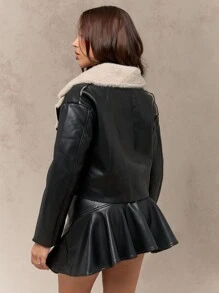 MISSGUIDED Faux Shearling Aviator Moto Jacket Cropped Length Biker Style Winter Outerwear Asymmetrical Zip Front Premium Quality Fall Fashion Statement Piece