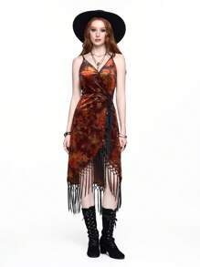 ROMWE Hippie Váy họa tiết hoa dây mảnh phong cách cổ điển cho nữ có viền tua rua - Vàng - Xem 3