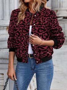 Chiquease Casual Leopard Print Baseball Jacket For Autumn - Burgundy - View 3