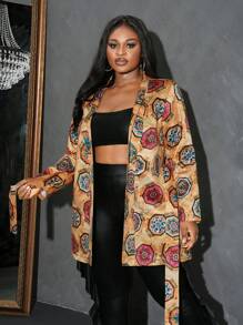 Slaydiva Chaqueta estampada con flores y lazo al frente, de satén, de talla grande para mujeres, estilo retro y lujoso