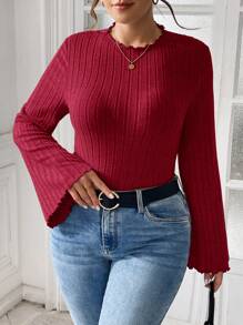 SHEIN Essnce Plus Size Women's Fall Long Sleeve Bodysuit Fall Women Winter Rib Knit Bodysuit - Burgundy - View 5