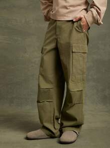 Men Loose Fit Straight Leg Cargo Pants - Olive Green - View 3