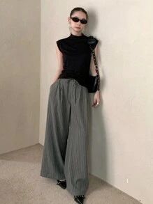 DAZY Women's Striped Cinched Waist Decor Wide Leg Pants