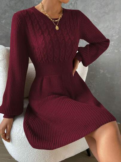EMERY ROSE Minimalist Solid Color Round Neck Long Sleeve Waist Cinched Sweater Dress Fall Winter Cloth For Women