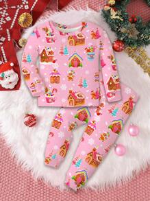 SHEIN Christmas Cute Cartoon Santa Claus, Gingerbread Man, Snowman, Christmas Tree, Snowflake, Candy House Pattern Baby Girl Casual Comfortable Warm Thermal Lined Long Sleeve Top And Pants Pajama Set, Snug Fit, Suitable For Autumn/Winter - Multicolor - View 1