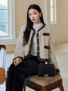 EastFlair Women Casual Contrast Trim Fluffy Trim Jacket, Autumn/Winter - Chocolate Brown - View 1