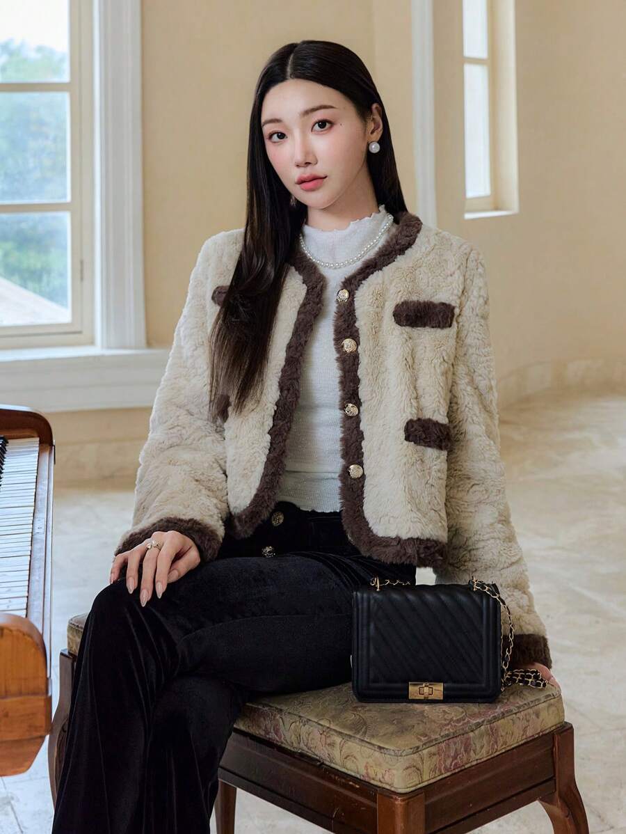 EastFlair Women Casual Contrast Trim Fluffy Trim Jacket, Autumn/Winter - Chocolate Brown - View 1
