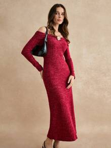 Poéselle Bourgondische lange jurk met één schouder en driedimensionale rozendecoratie, geschikt voor elegante feesten, 24AW winter