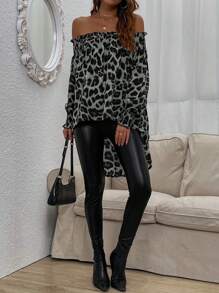 SHEIN Clasi Blusa informal de mujer de manga larga con hombros descubiertos, bajo asimétrico y estampado de leopardo, para otoño