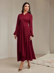 Modelyn Đầm dạ hội dài tay loe cổ chữ V màu trơn cho nữ, váy dài thanh lịch xếp ly - Màu Đỏ Sâu - Xem 6