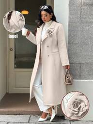 EMERY ROSE معطف أنيق ذو لون أحادي مع زخارف زهرية ثلاثية الأبعاد، للخريف والشتاء لفئة البدناء