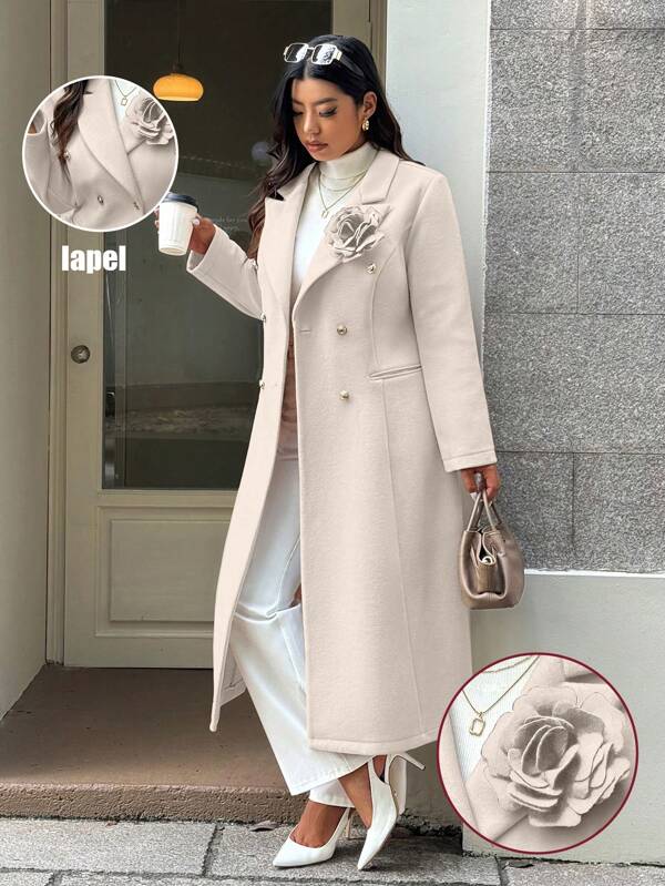 EMERY ROSE Plus Size Elegant Solid Color Overcoat With 3D Floral Decor, Autumn/Winter Fall Cloth For Women