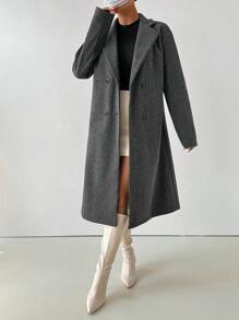Chiquease 女士休闲纯色双排扣大衣，秋冬 - 灰色 - 查看 5