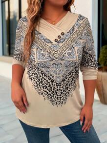 SHEIN LUNE Damen Große Größen Weihnachts Strick Muster Lässig Langarm T-Shirt, Herbst/Winter