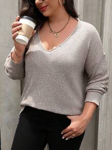 SHEIN LUNE Plus Size Pullover Sweater, For Winter Knit Pullover Fall - Khaki - View 4