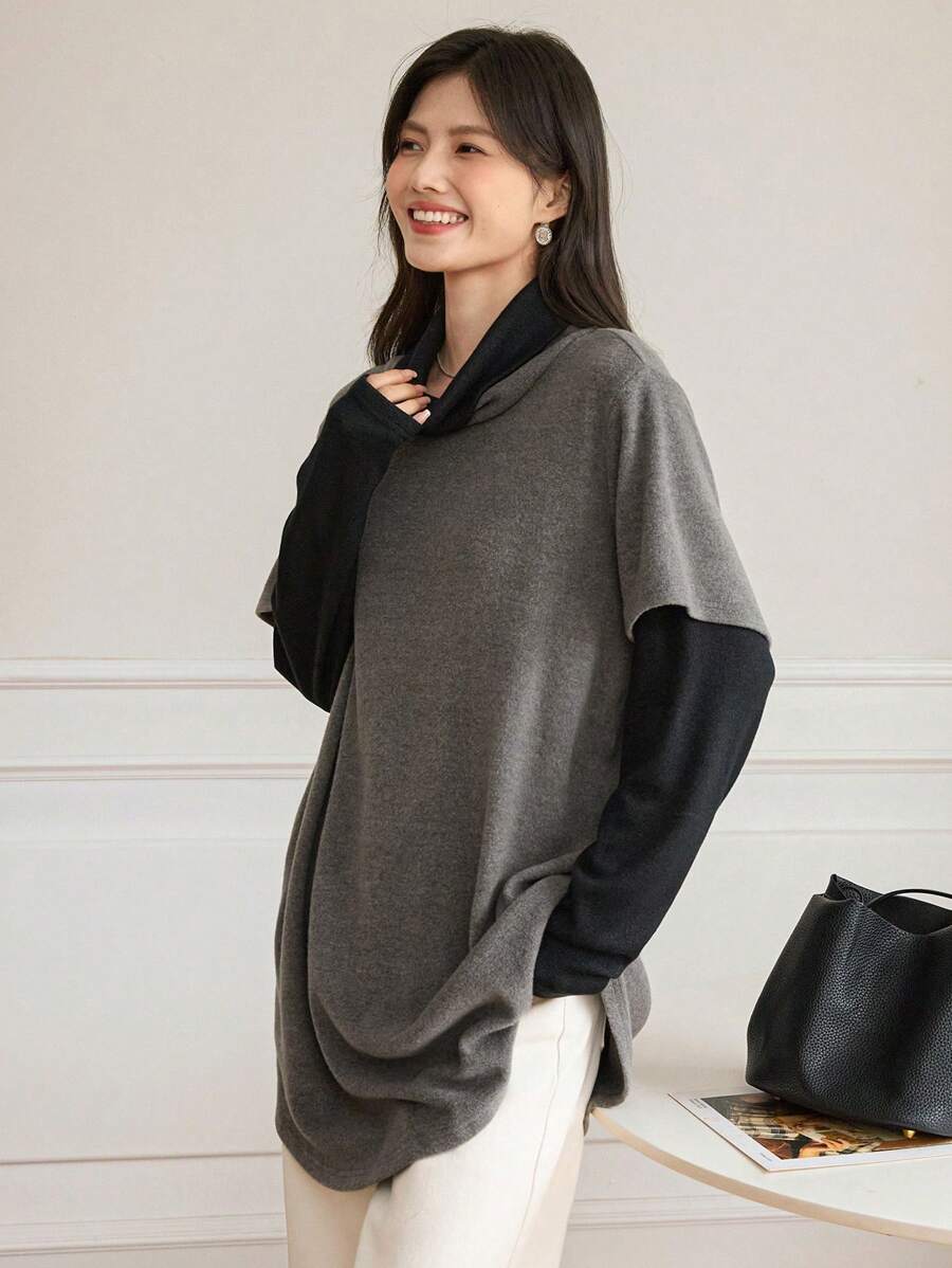 DAZY Women's Casual Color Block Drop Shoulder T-Shirt, Autumn/Winter Long Sleeve Women Tops,Fall Women Clothes Turtleneck Women - Dark Grey - View 1