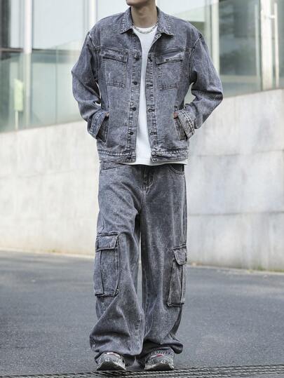 Manfinity EZcore Plus Size Men Casual Washed Jacket And Cargo Jeans 2 Pieces Set