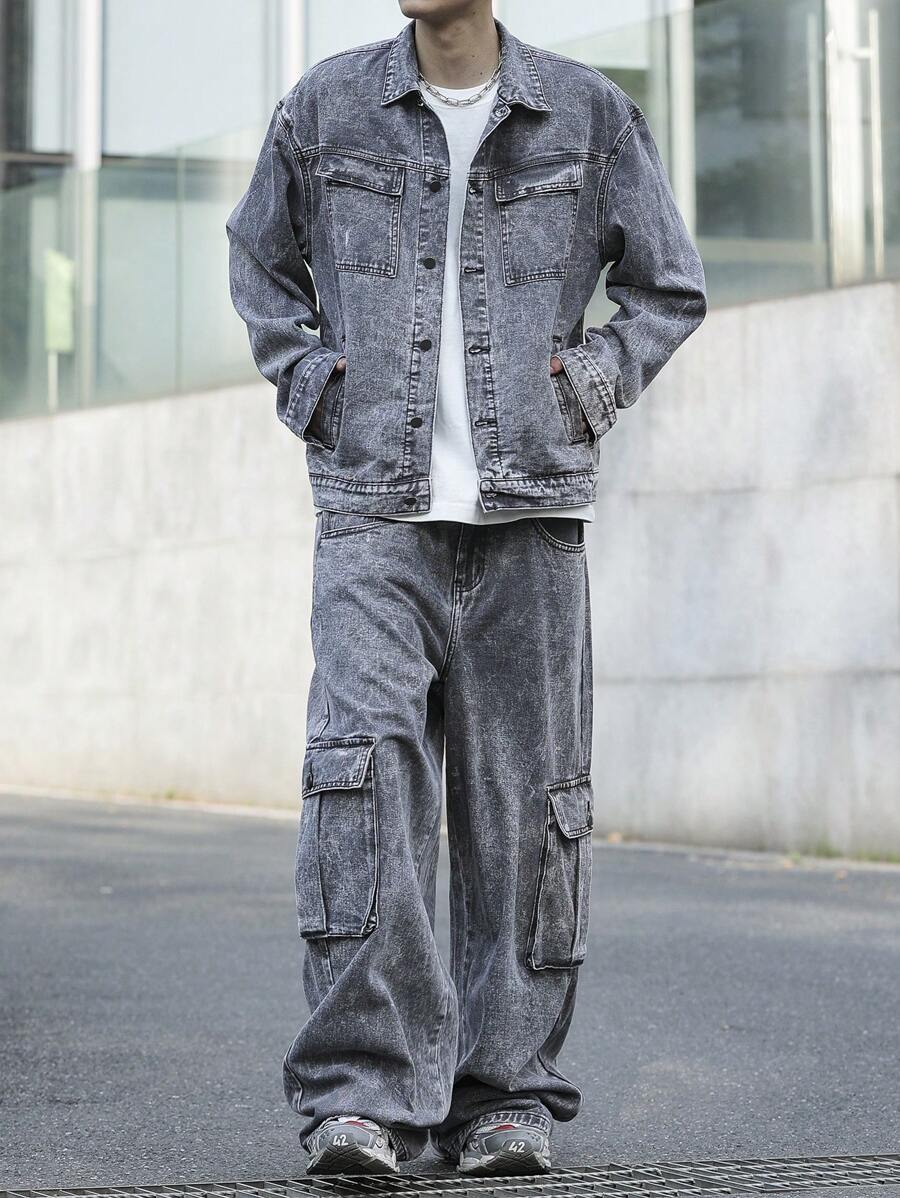 Manfinity EZcore Plus Size Men Casual Washed Jacket And Cargo Jeans 2 Pieces Set - Grey - View 1