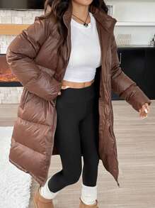 SHEIN EZwear 2024 Women's New Brown Long Down& Feathers Coat With Hood, Warm For Winter - Chocolate Brown - View 7