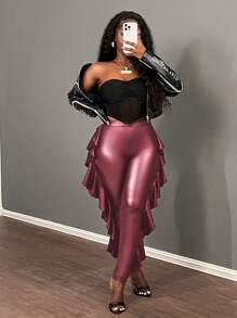 Slaydiva Pantalones plisados con volantes y acabado metálico de unicolor minimalista para mujeres