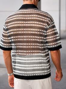 Manfinity Homme Men's Black & White Striped Print Short Sleeve Button-Up Textured Shirt