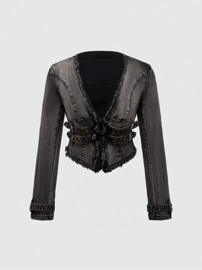 Grunge Punk Y2K Vintage Distressed Slim Fit Long Sleeve Denim Jacket