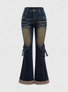 ROMWE Y2K 低腰破洞拼布蓬松下摆修身喇叭牛仔裤 - 藍色 - 查看 1