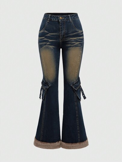 Jeans évasés slim avec ourlet pelucheux, délavés et patchwork, taille basse style Y2K