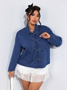 SHEIN ICON Áo khoác denim tay dài buộc nơ màu trơn cỡ lớn cho nữ dịp Giáng sinh Lễ Tạ ơn có túi và nơ trang trí - Màu xanh lam - Xem 5
