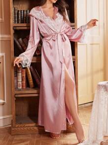 Embroidered Patchwork Faux Silk Hooded Robe - Pink - View 5
