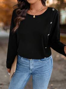 SHEIN LUNE Camisa informal con cuello redondo, manga larga y diseño de botones, talla grande, para otoño