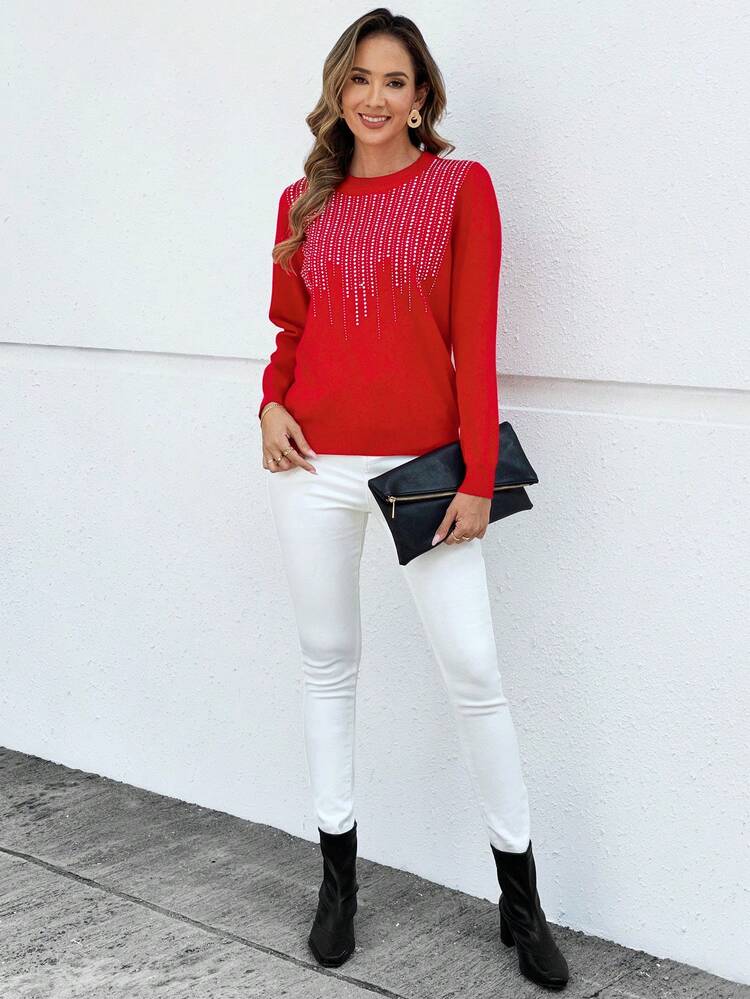 Red Sweater Rhinestone-Embellished Long-Sleeve Round Neck Pullover Sweater