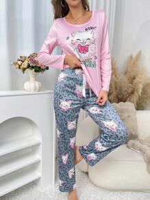 Conjunto de pijama de mujer con estampado de gato lindo, ropa de otoño e invierno - Multicolor - Ver 3
