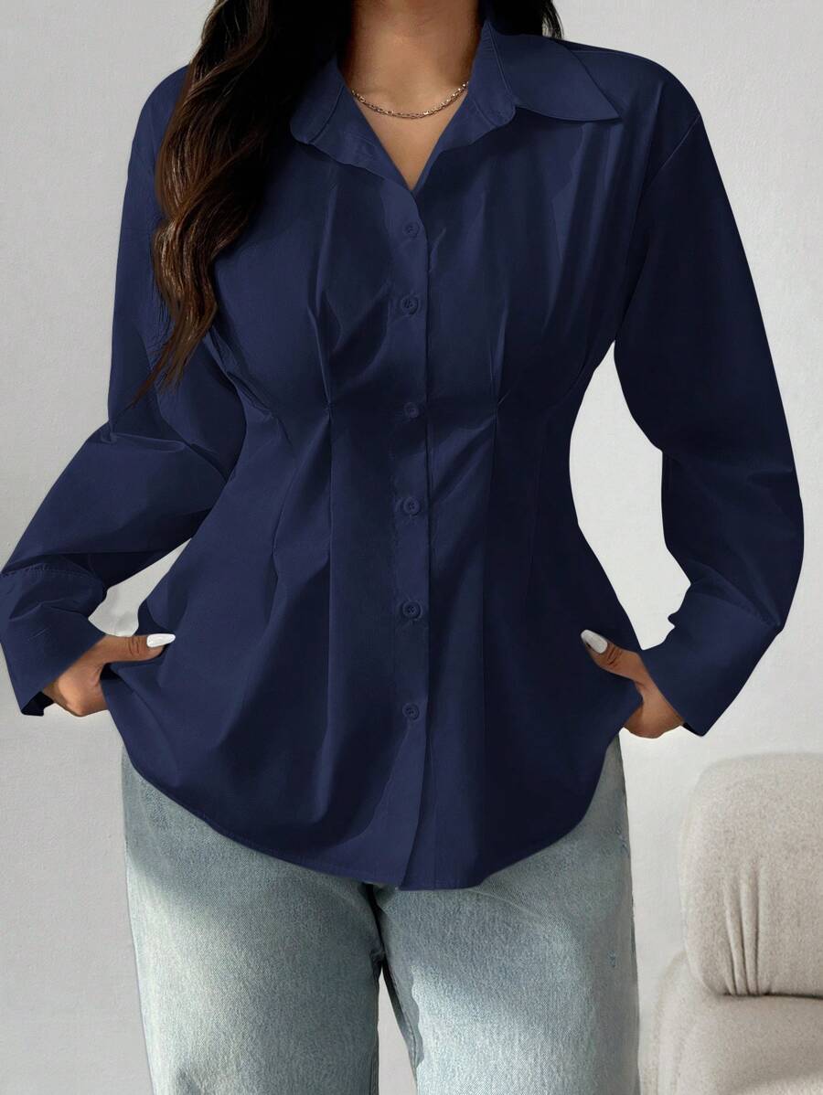 SHEIN EZwear 大码纯色褶腰休闲衬衫,秋季 - 藍色 - 查看 1