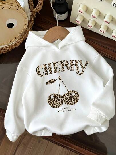 SHEIN Sweat-shirt à capuche épais à manches longues et imprimé vintage de léopard et de cerise, pour filles préadolescentes, convenant à l'automne/hiver