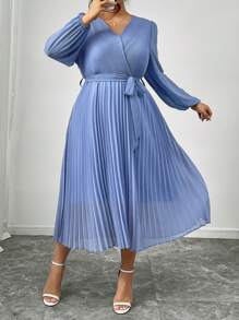 SHEIN Frenchy Váy suông tay loe cổ chữ V thanh lịch cỡ lớn màu trơn cho nữ, mùa thu - Màu xanh lam - Xem 4