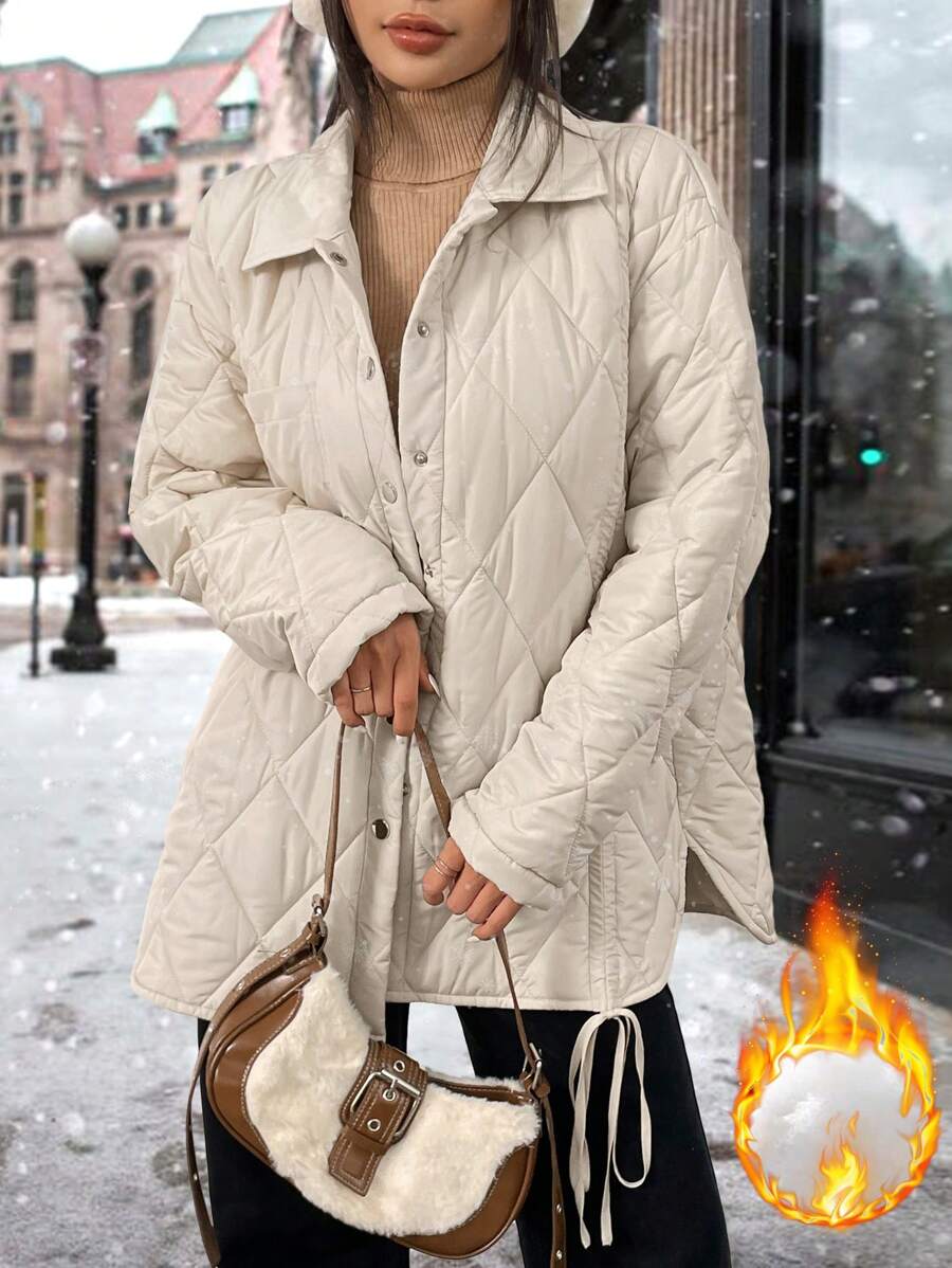 Chiquease Women Drawstring Design Warm Casual Padded Padded Coat Clothes Winter Thermal - Khaki - View 1