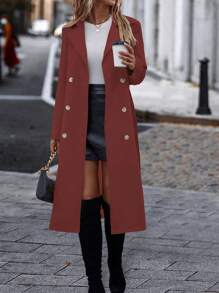 Chiquease 1pc Women Plain Front Button Long Sleeve Casual Fitted Trench Coat - Redwood - View 6