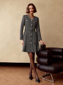 MOTF PREMIUM PLAID PATTERN RUFFLE HEM BUCKLE BELTED DRESS - Black and White - View 7