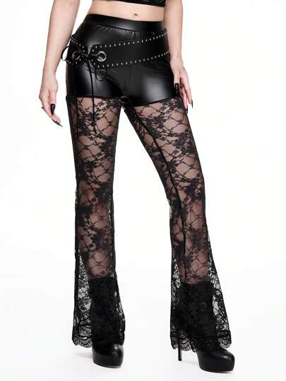 Goth Women's Summer Beach Western Vacation , Party PU Patchwork Sheer Lace Patchwork Belt Grommet Tie Bow Flare Leg Pants