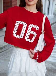 INAWLY 1pc Women Crew Neck Long Sleeve Numeric Print Minimalist Sweatshirt, Casual Daily Wear Pullover Fall Outfit - Red - View 6